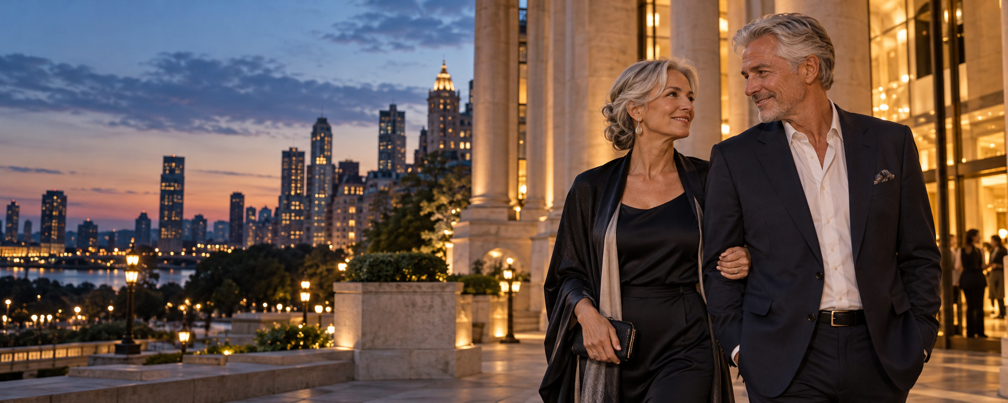 An elegant senior couple enjoying an evening in the city